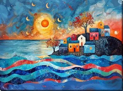 Картина маслом Дома на острове в стиле арт