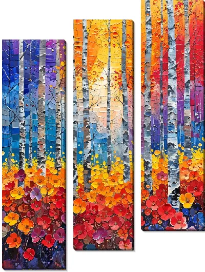 Модульная картина Березы в лесу с цветами