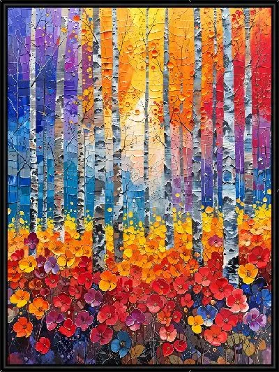 Картина Березы в лесу с цветами