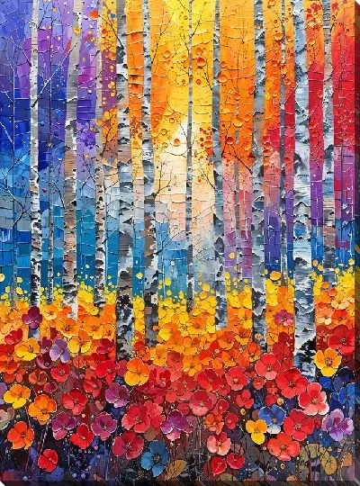 Картина маслом Березы в лесу с цветами