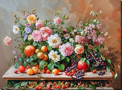 Картина маслом Натюрморт Цветы на столе на фоне коричневой стены