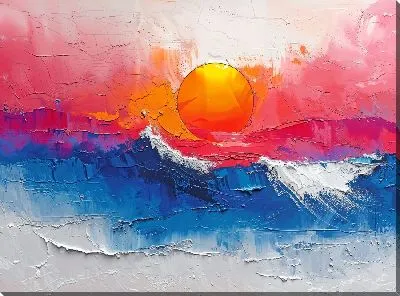Картина маслом Закат Солнца и раскрывающаяся волна