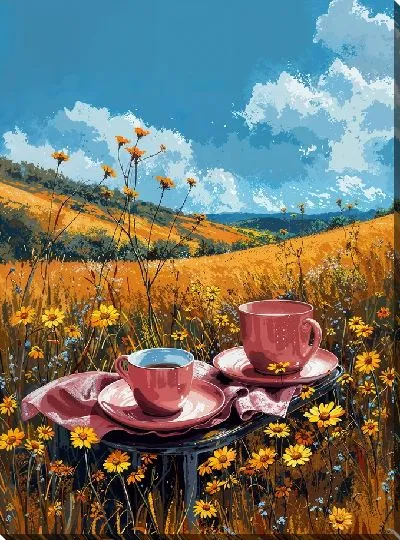 Картина маслом Две чашки на цветочном поле
