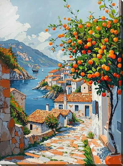 Картина маслом Средиземноморская улица и мандариновое дерево