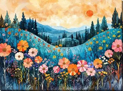Картина маслом Полевые цветы на разноцветных холмах