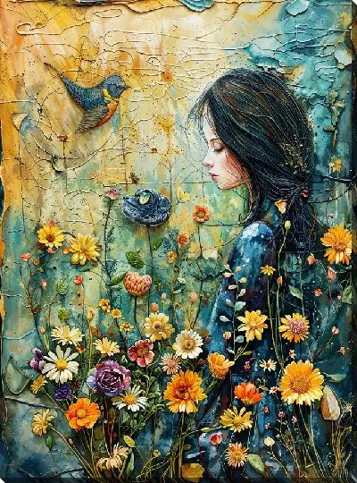 Картина маслом Девушка с цветами и птицей