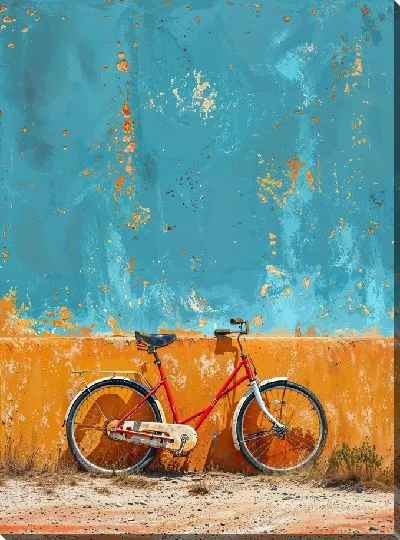 Картина маслом Красный велосипед на фоне бирюзовой стены