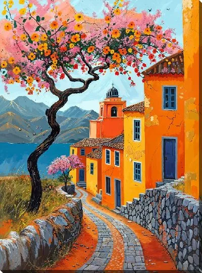 Картина маслом Тропинка вдоль оранжевых домов