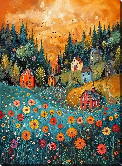 Картина маслом Композиция с разноцветными домиками и полевыми цветами