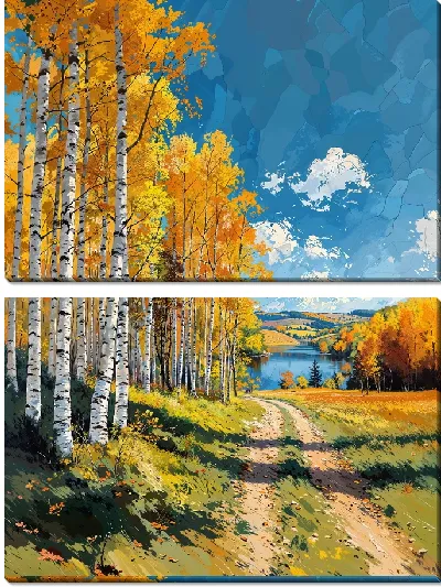 Модульная картина Дорога вдоль осеннего леса с березами