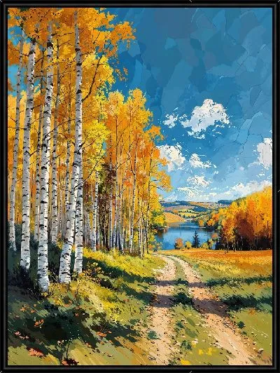 Картина Дорога вдоль осеннего леса с березами