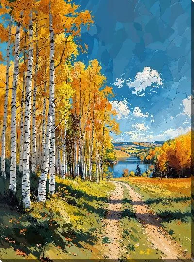 Картина маслом Дорога вдоль осеннего леса с березами