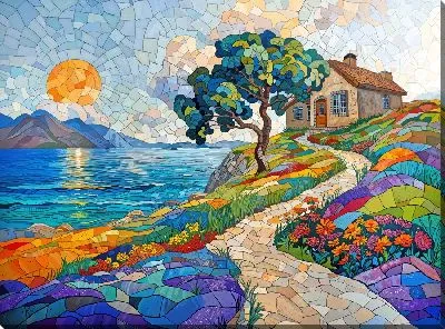 Картина маслом Тропинка вдоль моря к дому на холме