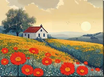 Картина маслом Белый дом с желтыми полями цветов