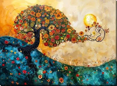 Картина маслом Арт дерево с цветами на холме