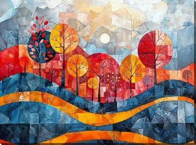 Картина маслом Арт композиция с желто-красными деревьями