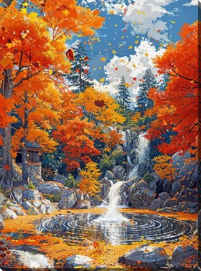 Картина маслом Водопад и осенний пруд