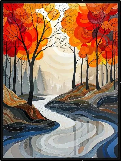 Картина Извилистый ручей в осеннем лесу