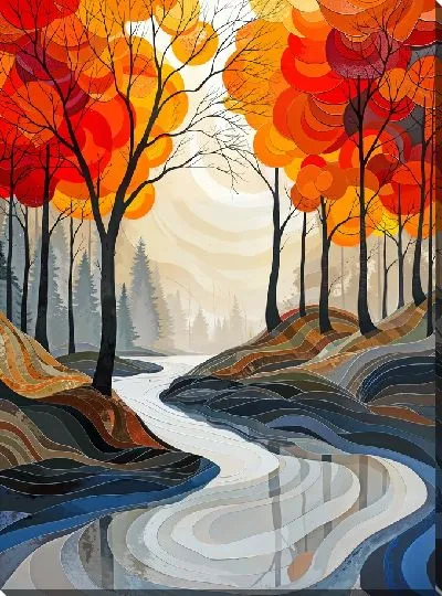 Картина маслом Извилистый ручей в осеннем лесу