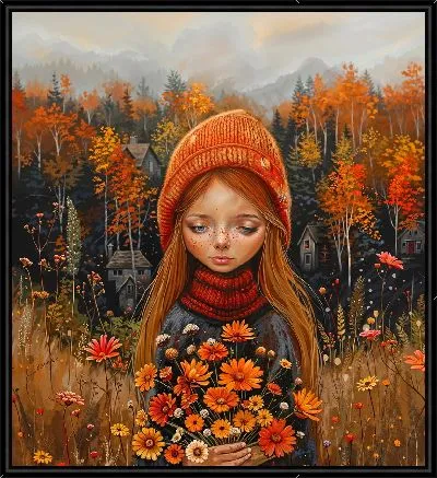 Картина Девочка в шапке с осенними цветами