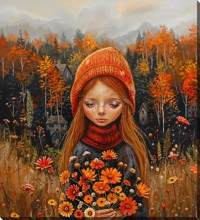 Картина маслом Девочка в шапке с осенними цветами