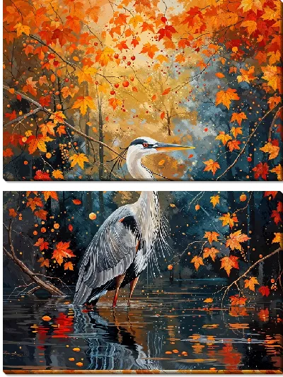 Модульная картина Цапля в осеннем пруду