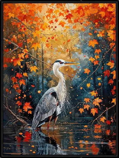 Картина Цапля в осеннем пруду