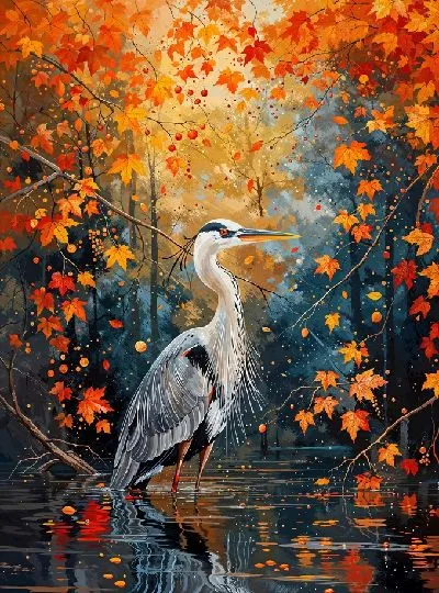 Плакат Цапля в осеннем пруду