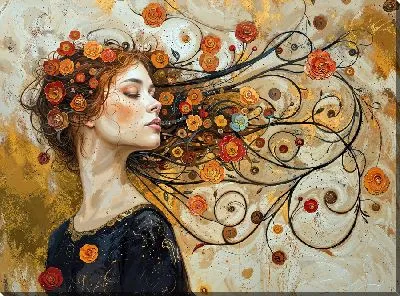 Картина маслом Девушка с цветами и золотой текстурой