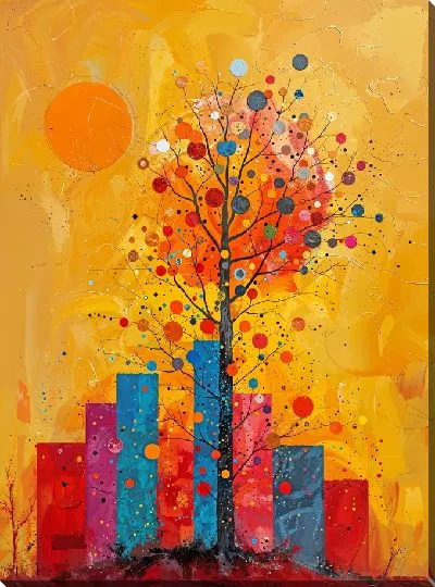 Картина маслом Арт дерево на желтом фоне с Солнцем