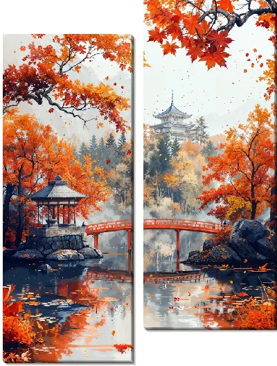 Модульная картина Осенний японский сад с мостом