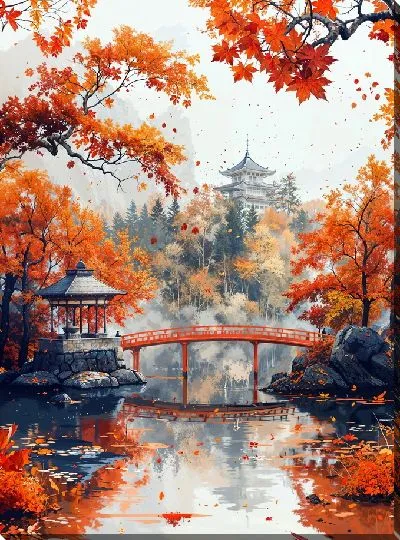 Постер Осенний японский сад с мостом