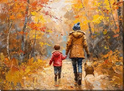 Картина маслом Осення прогулка с смешной шапкой в виде голубя