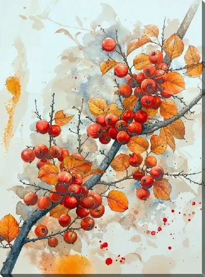 Картина маслом Осення ветка с листьями и ягодами