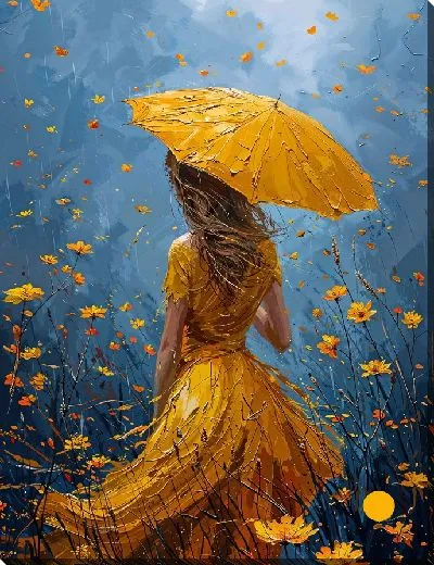 Постер Девушка в желтом платье с желтым зонтом