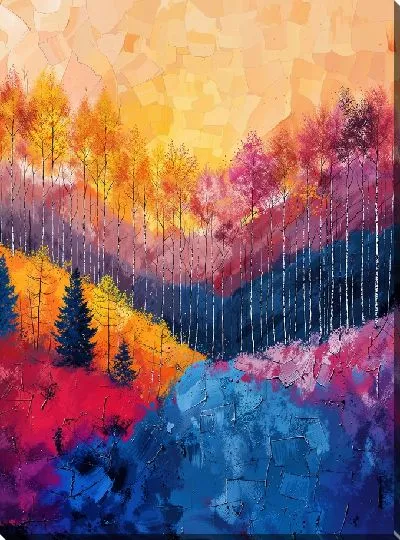 Картина маслом Разноцветные холмы с березами