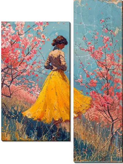 Модульная картина Девушка в желтом платье с цветущими деревьями