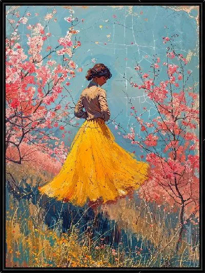 Картина Девушка в желтом платье с цветущими деревьями