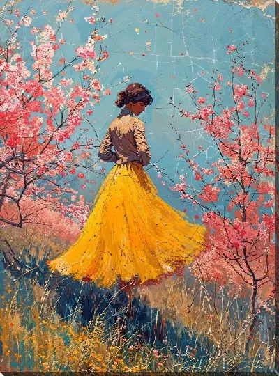 Постер Девушка в желтом платье с цветущими деревьями