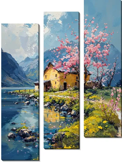Модульная картина Дом у озера и сакура
