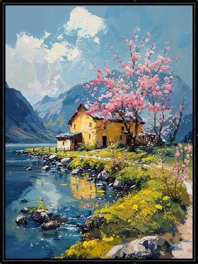 Картина Дом у озера и сакура