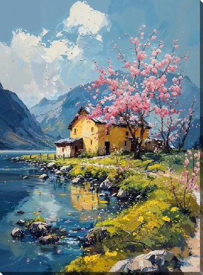 Постер Дом у озера и сакура