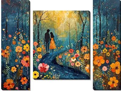 Модульная картина Прогулка влюбленных среди полевых цветов