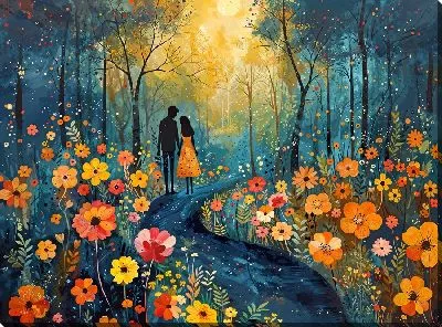 Прогулка влюбленных среди полевых цветов