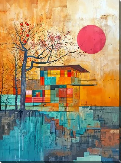 Картина маслом Стильный дом и розовое Солнце