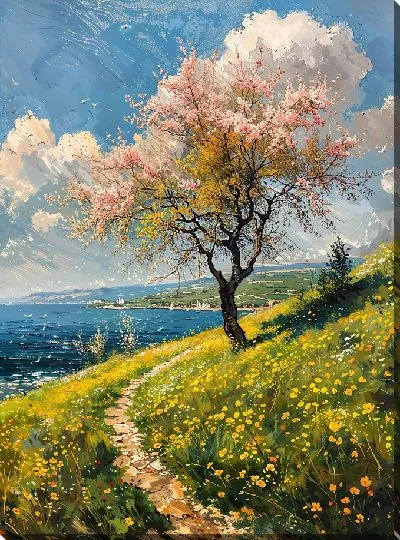 Картина маслом Цветущее дерево на летнем склоне