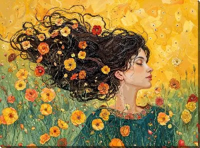Картина маслом Девушка на летнем поле с цветами