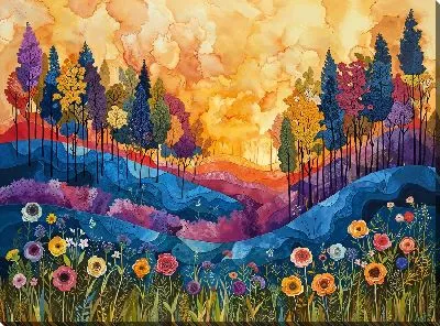 Картина маслом Арт композиция с разноцветными деревьями №11