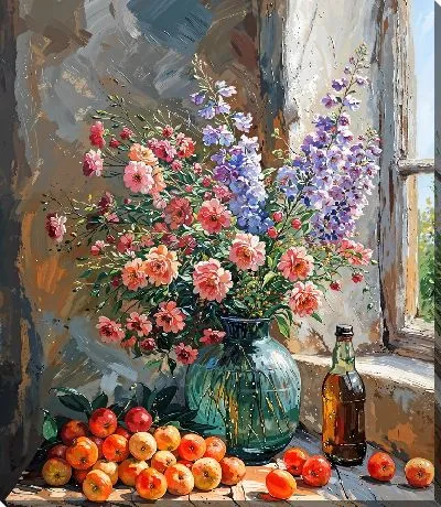 Картина маслом Букет сборных цветов на подоконнике