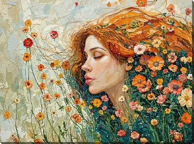 Картина маслом Девушка на летнем поле с цветами №2